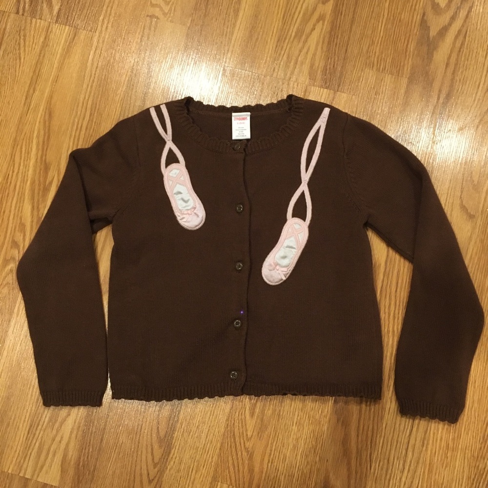 Gymboree Brown Cardigan Sweater pink satin Ballet Slipper appliqué age 6